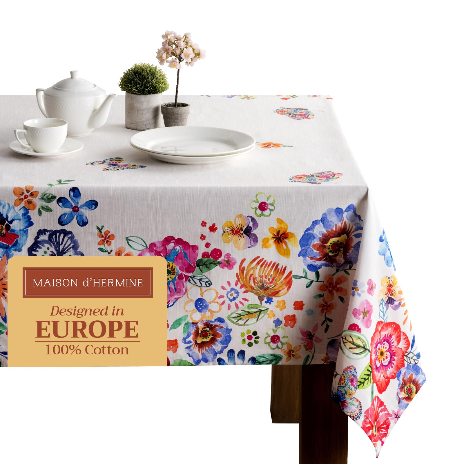 Maison d' Hermine Table Cloth Rectangle Table 100% Cotton 230 cm x 140 cm Tablecloth Reusable Everyday Use for Dining Farmhouse Home Party Festive Gifts for Mothers Day(Happy Florals - High Summer)