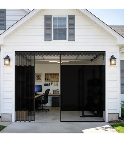 Sunolga Magnetic Garage Door Screen – 12x7 Ft Heavy-Duty Fiberglass Mesh With 26 Magnets & 6 Strapping Tapes, Hands-Free, Keeps Bugs Out