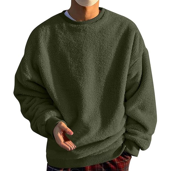 Mens Fleece Crewneck Sweatshirts Fuzzy Sherpa Sweatshirt Long