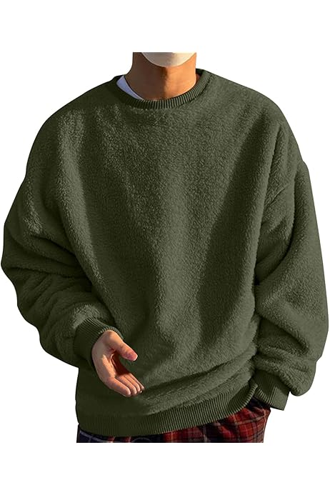 Men Fuzzy Sherpa Sweatshirt Crew Neck Long Sleeve Casual Pullover 