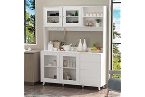 AIEGLE 63" W Large Kitchen Hutch Cabinet, Freestanding Pantry Cabinets Storage Kitchen Cupboard with 4 Doors, 4 Drawers & Microwave Shelf, Utility Buffet Storage, White (63" W x 15.7" D x 74.8" H)
