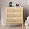 Irontar Rattan Nightstand with Charging Station, Night Stand with 3 Large Rattan Drawers, Accent End Table, Bedside Table with Solid Wooden Legs for Bedroom, Natural BZZ006ME