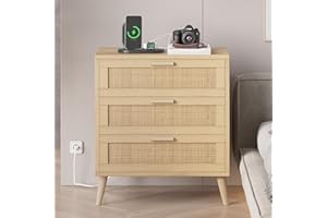 Irontar Rattan Nightstand with Charging Station, Night Stand with 3 Large Rattan Drawers, Accent End Table, Bedside Table with Solid Wooden Legs for Bedroom, Natural BZZ006ME