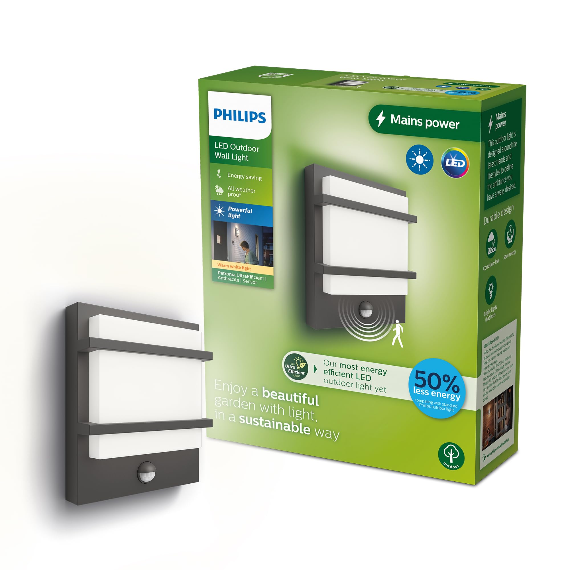 Philips Lighting Petronia UltraEfficient Outdoor Wall Light, 3.8W, 2700K, Antracite, Motion Sensor, IP44 Weatherproof