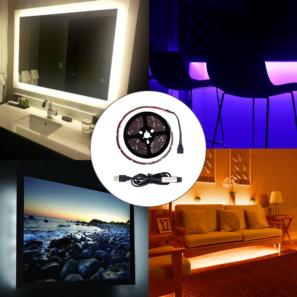 Abtong LED Strip Lights Battery Operated USB Powered TV Backlight, LED Strip Battery Powered with RF Remote Waterproof RGB LED Strip Rope Lights Multi Color Changing, 2M/6.56ft