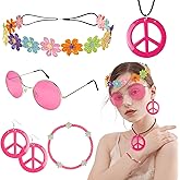 Hippie Costume Accessories Set Peace Sign Necklace Sunglasses Flower Headband Earrings for 60s 70s Outfit Party Women
