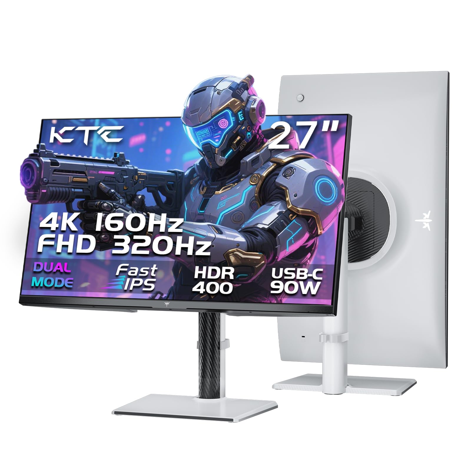 KTC 4K Gaming Monitor 27 Zoll | Dual Mode 4K@160Hz / FHD@320Hz nahtloses Umschalten | Schnelles IPS-Panel | 1ms | HDR400 | Adaptive Sync | 125% sRGB, 97% DCI-P3, ΔE<2 | USB C 90W | KVM | Weiß