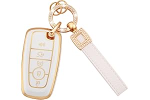 EKALA for Ford Key Fob Cover with Leather Key Fob Keychain, 5 Buttons Soft TPU Keys Shells Girly White Key Fob Cover Compatible with Ford Explorer Fusion F150 Edge Escape Expedition Lincoln(P-Frd-5)