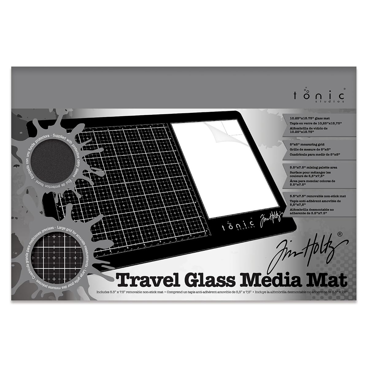Tim Holtz Travel Glass Cutting Mat - Portable Work Surface with 8x8 Measuring Grid and Palette for Mixed Media - Art Supplies with Carry Case