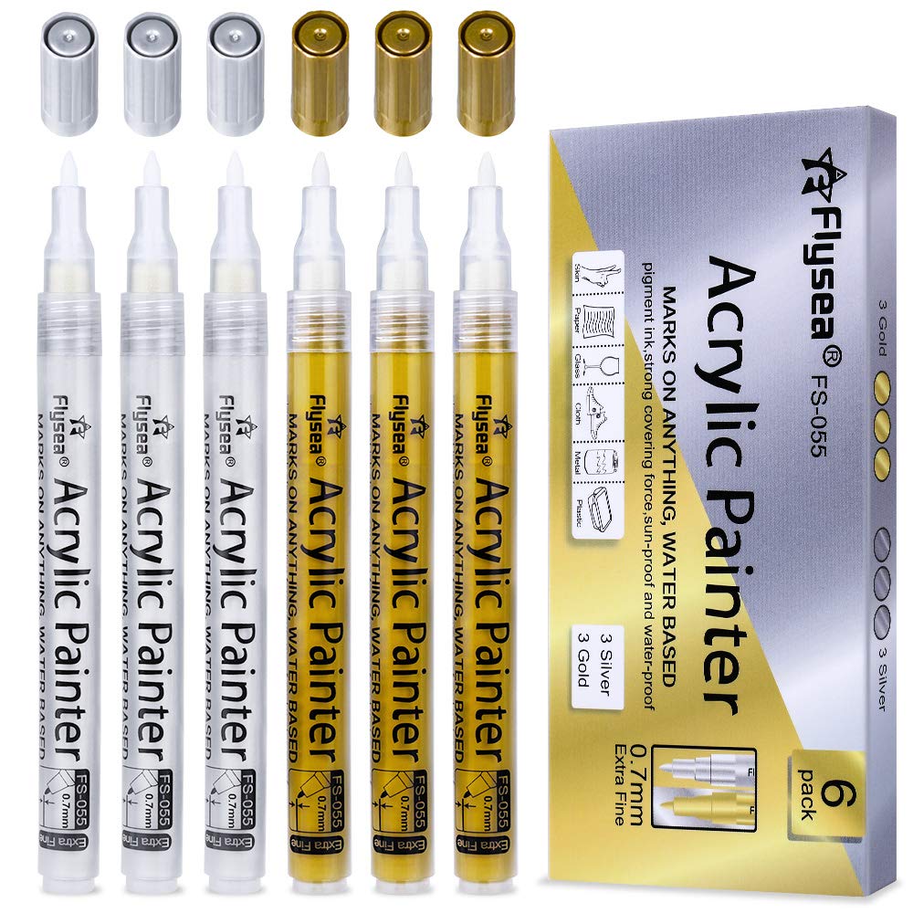 OFUN Acrylic Paint Pens, 6 Pack Acrylic Paint Marker Pens Extra Fine Tip 0.7mm Paint Pens for Rock Painting, Stone, Ceramic, Glass, Wood,Leather,Plastic,Fabric