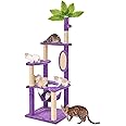 TSCOMON 55" Cat Tree for with Green Leaves, Multi-Level Large Cat Tower with Hammock, Plush Cat House with Hang Ball Toy and Sisal Scratching Posts Furniture, Deep Purple