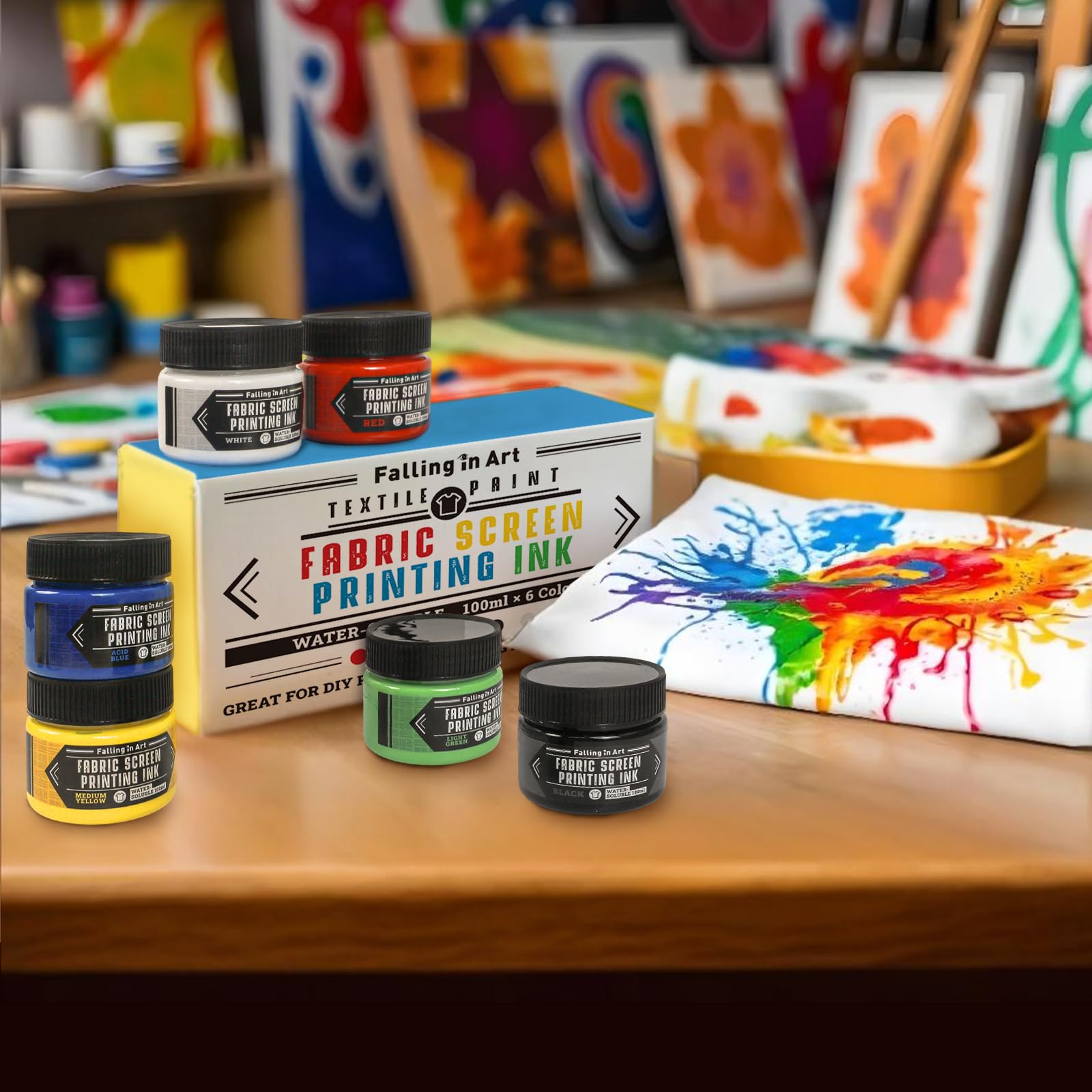 Falling in Art Fabric Screen Printing Ink Set, 4-Ounce Permanent Fabric Paints for T-Shirt and Silk Printmaking, 6 Colors