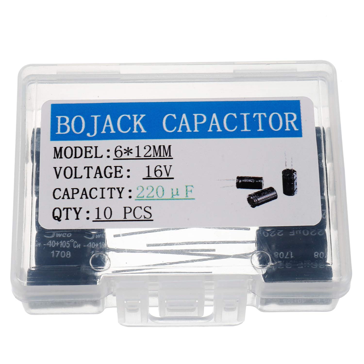 BOJACK 220uF 16V 6X12mm Capacitors 220 MFD 16 Volt 0.24x0.47 Inch ±20% Aluminum Electrolytic Capacitors(Pack of 10 Pcs)