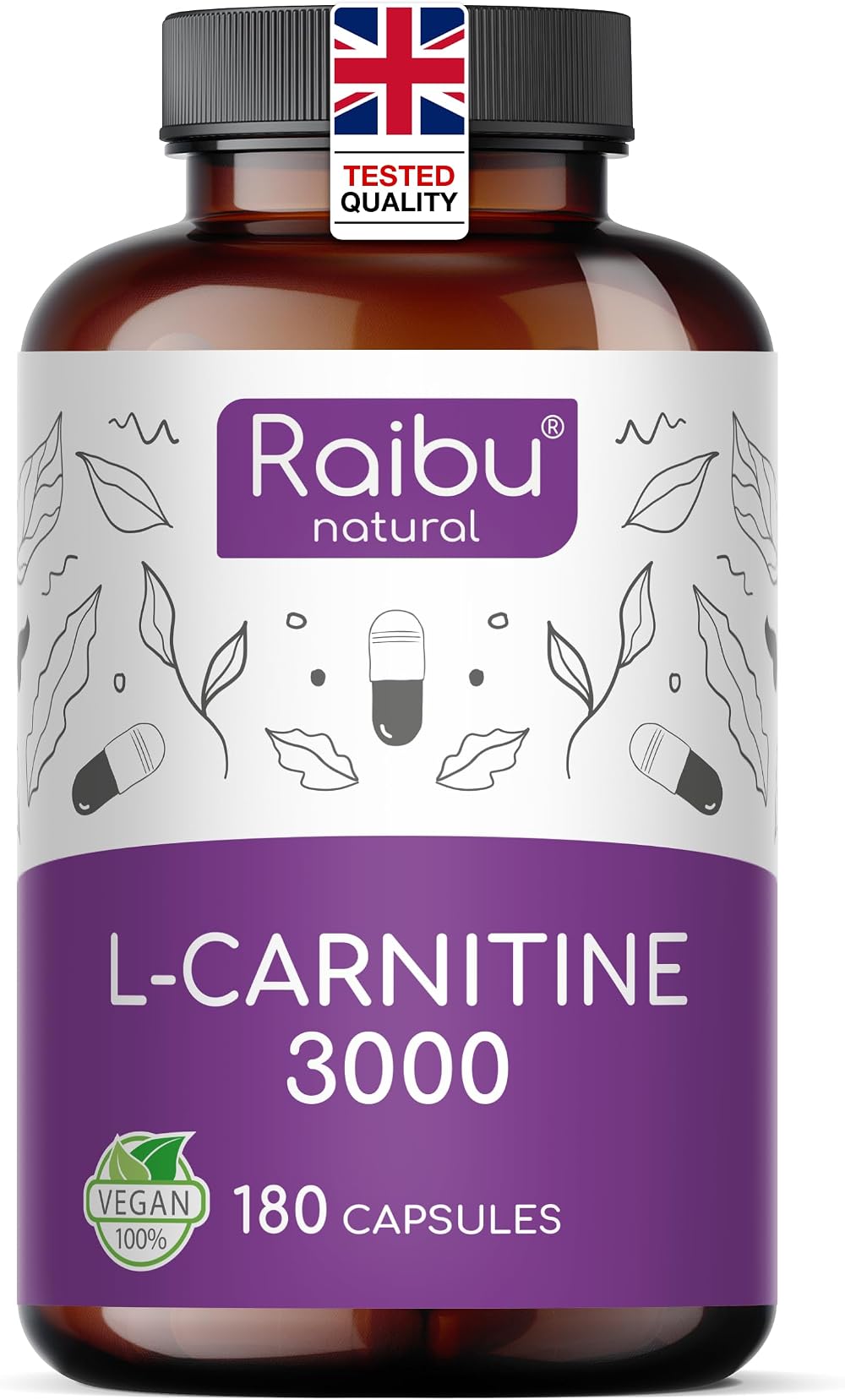 Raibu L-Carnitine 3000 High-Strength Capsules 180 Ct Vegan 3000mg