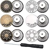 6pcs Buttons pins for Loose Jeans, 17 mm No-Sew Nailess Removable Metal Jeans Buttons Replacement, Adjustable Metal Pants Button Tightener,Repair Combo Thread Rivets and Screwdrivers