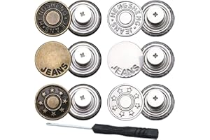 BAXYKEZ 6pcs Buttons pins for Loose Jeans, 17 mm No-Sew Nailess Removable Metal Jeans Buttons Replacement, Adjustable Metal Pants Button Tightener,Repair Combo Thread Rivets and Screwdrivers