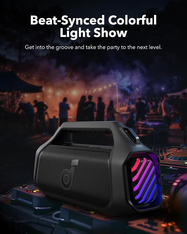 Soundcore boom 2 plus potente alto-falante bluetooth, 140 w com 2 + 2 canais estéreo, bassup 2.0, carregamento rápido de 30 w, 20 h de autonomia, ipx7, flutuante, luzes rgb, usb-c, equalizador personalizado, bluetooth 5.3