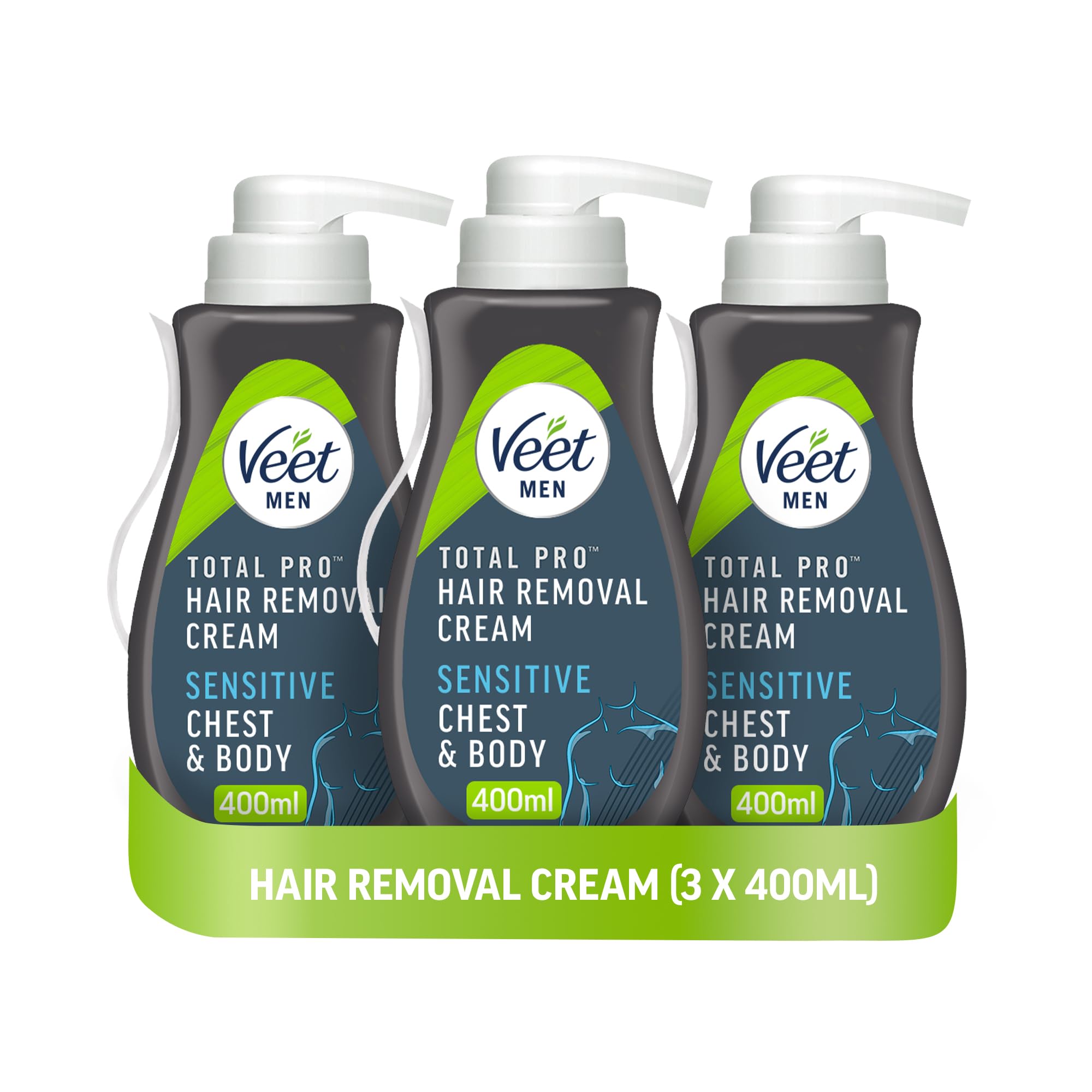 Veet Men Hair Removal Cream, 400ml each (Pack of 3), Chest & Body, Sensitive Skin, 1 Spatula, No Risk of Cuts, 24 Hour Hydration, 7 Days of Smoothness, Dermatologically Tested (Packaging may vary)