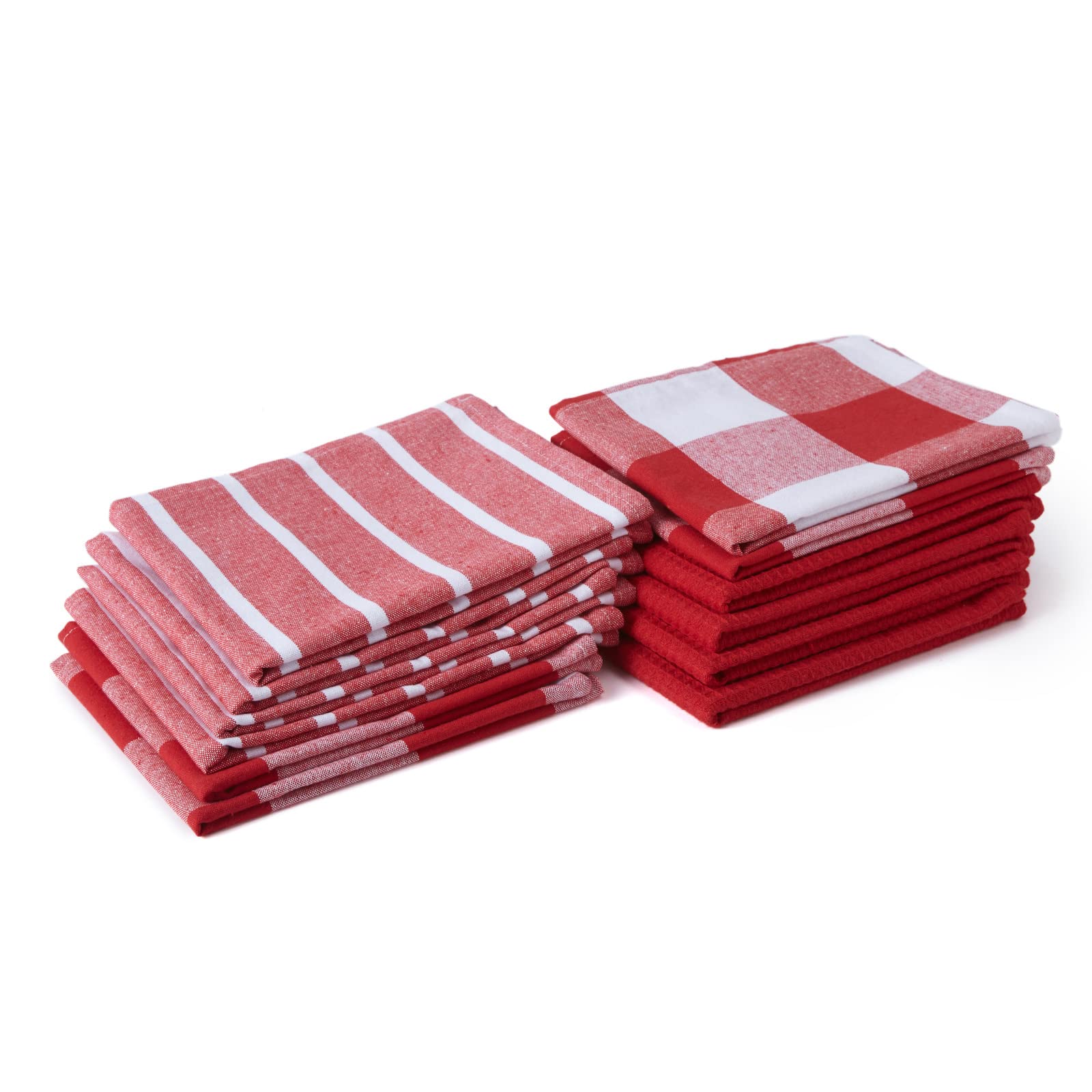 Encasa XO Kitchen Dish Towels Set | Red | Waffle Weave and Flat Hand Tea Towel | 70x45 cm | Quick Drying Reusable Cotton Washcloths | Multipurpose Lightweight Dishcloths Set of 12