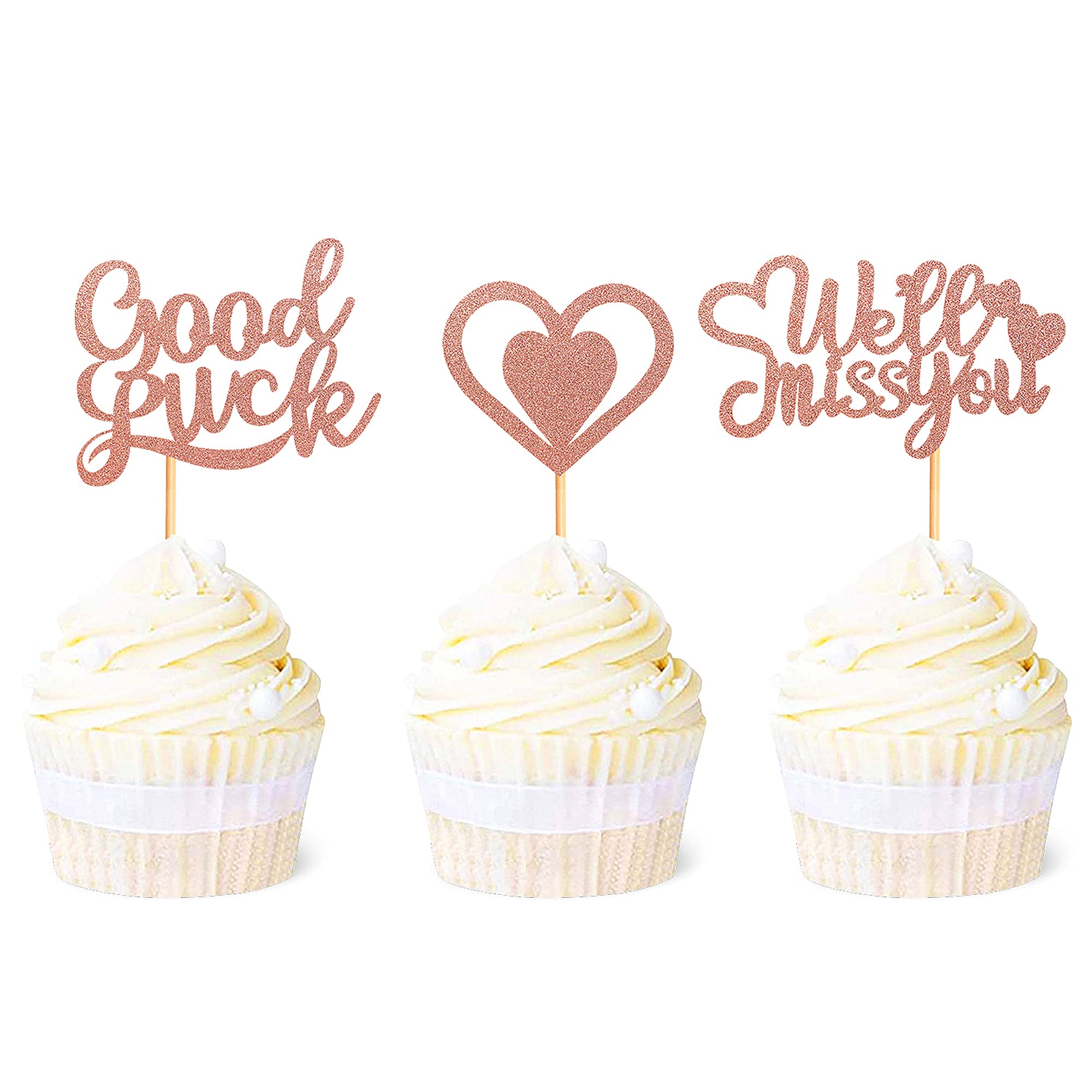 Blumomon 36 Pack We Will Miss You Cupcake Toppers Glitter Heart Good Luck Cupcake Picks Decorations for Going Away Retirement Theme Party Supplies Rose Gold