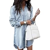 Zilcremo Women Denim Shirt Dresses Long Sleeve Distressed Jean Dress Button Down Casual Tunic Top