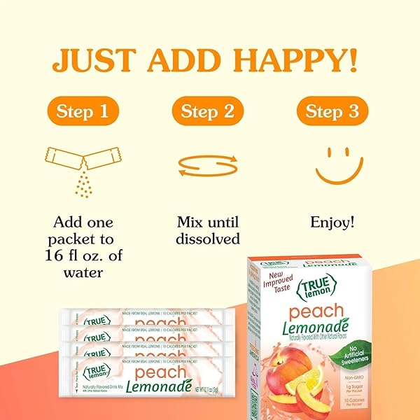 TRUE LEMON PEACH LEMONADE 10CT (PACK OF 1) – DRINK MIX – NO ARTIFICIAL SWEETENERS, LOW CALORIE – POWDERED DRINK MIXES & FLAVORS – WATER FLAVOR PACKETS & WATER ENHANCER WITH STEVIA