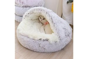 Geizire Small Dog Bed & Cat Bed, Round Donut Calming Cat Beds, Anti-Anxiety Cave Bed with Hooded Blanket for Warmth and Security - Machine Washable, Water/Dirt Resistant Base (Medium, Grey)