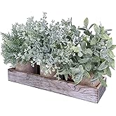 Winlyn 3 Pack Potted Plants Artificial Eucalyptus Boxwood Fern Greenery in Pots with Wood Planter Box for Farmhouse Cabinets Bath Table Bathrooms Mantle