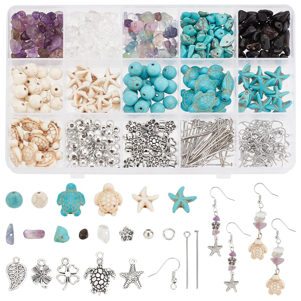 PH PandaHall 278pc Turquoise Turtle Beads Ocean Charms Jewellery Making Kit 50g Gemstone Chip Beads Starfish Seashell Pendants for Beach Necklace Earring Bracelet Anklet Making — image 1