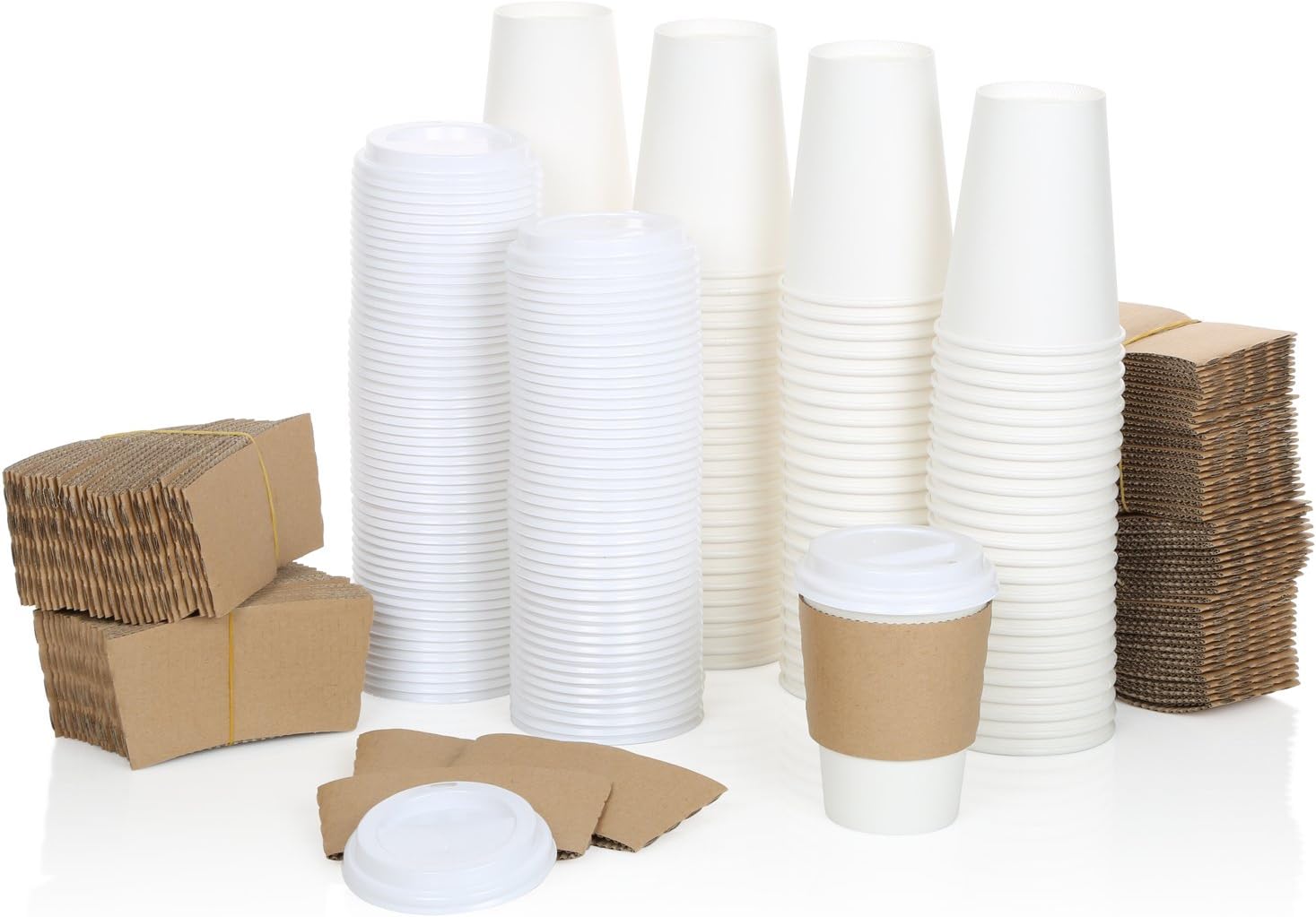 100 Pack of Premium 16 oz White Disposable Coffee Hot Cups +2 Piece Accessory Bundle of Secure Fit Lids, Corrugated Sleeves,- 100% Recyclable โ Perfect for Hot & Cold Drinks - by A1 DEAL