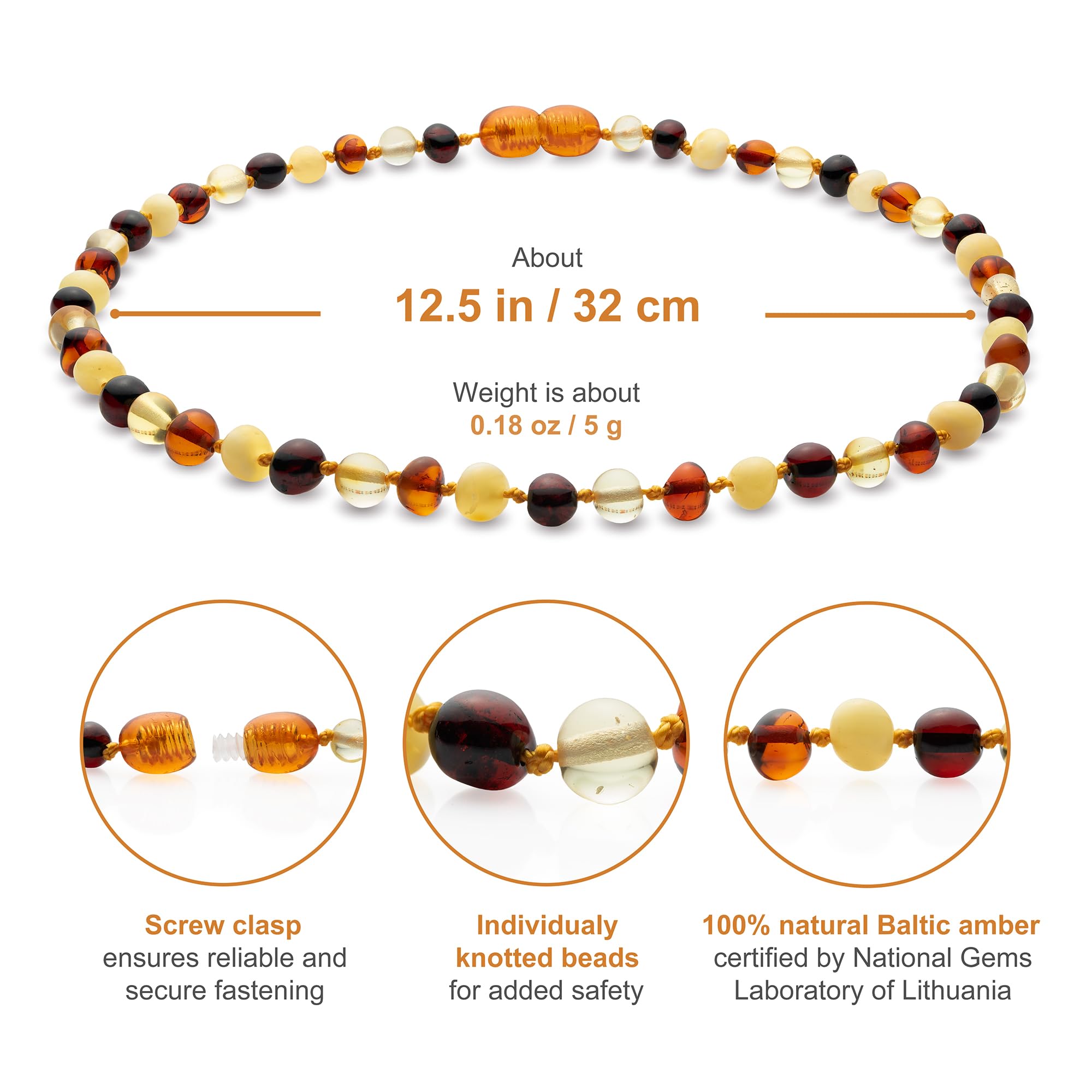 Natural Baltic Amber Necklace 13 inches - Knotted Between Beads- Polished Amber Beads- Multicolor