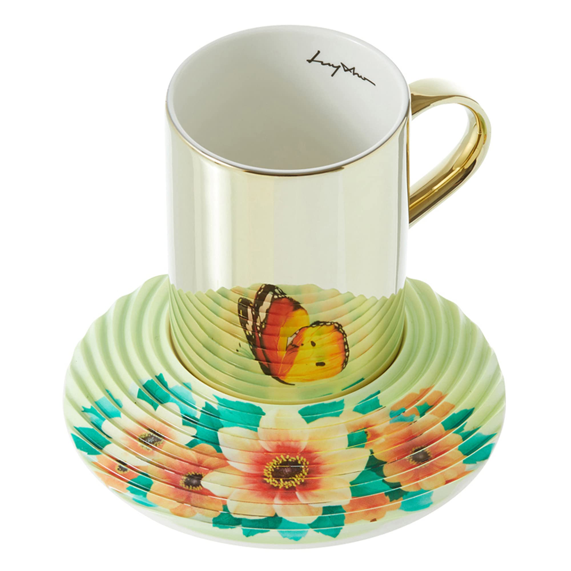 Luycho [UK] Mirror Cup & Wavy Saucer Red&Yellow Butterfly 350ml