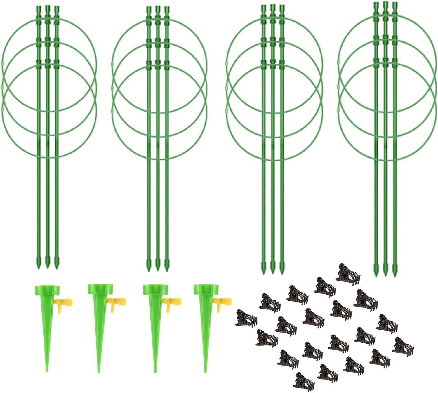 ANLAWIN Plant Support Cages, 4-Pack 18 Inches Tomato Trellis Adjustable Rings Plant Support Stakes for Garden Climbing Plant with 4 Self Watering Spikes and 20 Plant Clips (Size A)