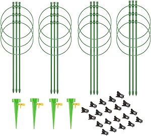 ANLAWIN Plant Support Cages, 4-Pack 18 Inches Tomato Trellis Adjustable Rings Plant Support Stakes for Garden Climbing Plant with 4 Self Watering Spikes and 20 Plant Clips (Size A)