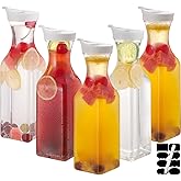 ASANMEYO 5 Pcs 32 Oz Plastic Water Carafe Pitcher with Flip Top Lid, Square Base Juice Containers, Mimosa Bar Supplies Pitcher for Drinks, Water, Tea, Juice, Milk, Lemonade and Other Beverages
