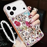 Changjia for iPhone 17 Pro Max Glitter Bling Case, Cute Luxury 3D Sparkle Rose Flowers Butterfly Crystal Rhinestones Diamond Pearl with Lanyard Wrist Strap Women Girls Case for iPhone 17 Pro Max,White