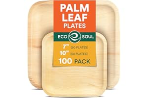 ECO SOUL Compostable 7 & 10 Inch Palm Leaf Square Plates (100 Count) Like Bamboo Plates | Biodegradable | Eco-Friendly, Microwave & Oven Safe - Party Pack