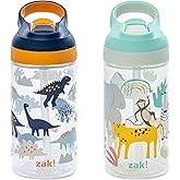 Zak Designs Atlantic Kids Water Bottle For School or Travel, 16oz Durable Plastic Water Bottle With Straw, Handle, and Leak-Proof, Pop-Up Spout Cover, 2-Pack (Zaksaurus and Safari)