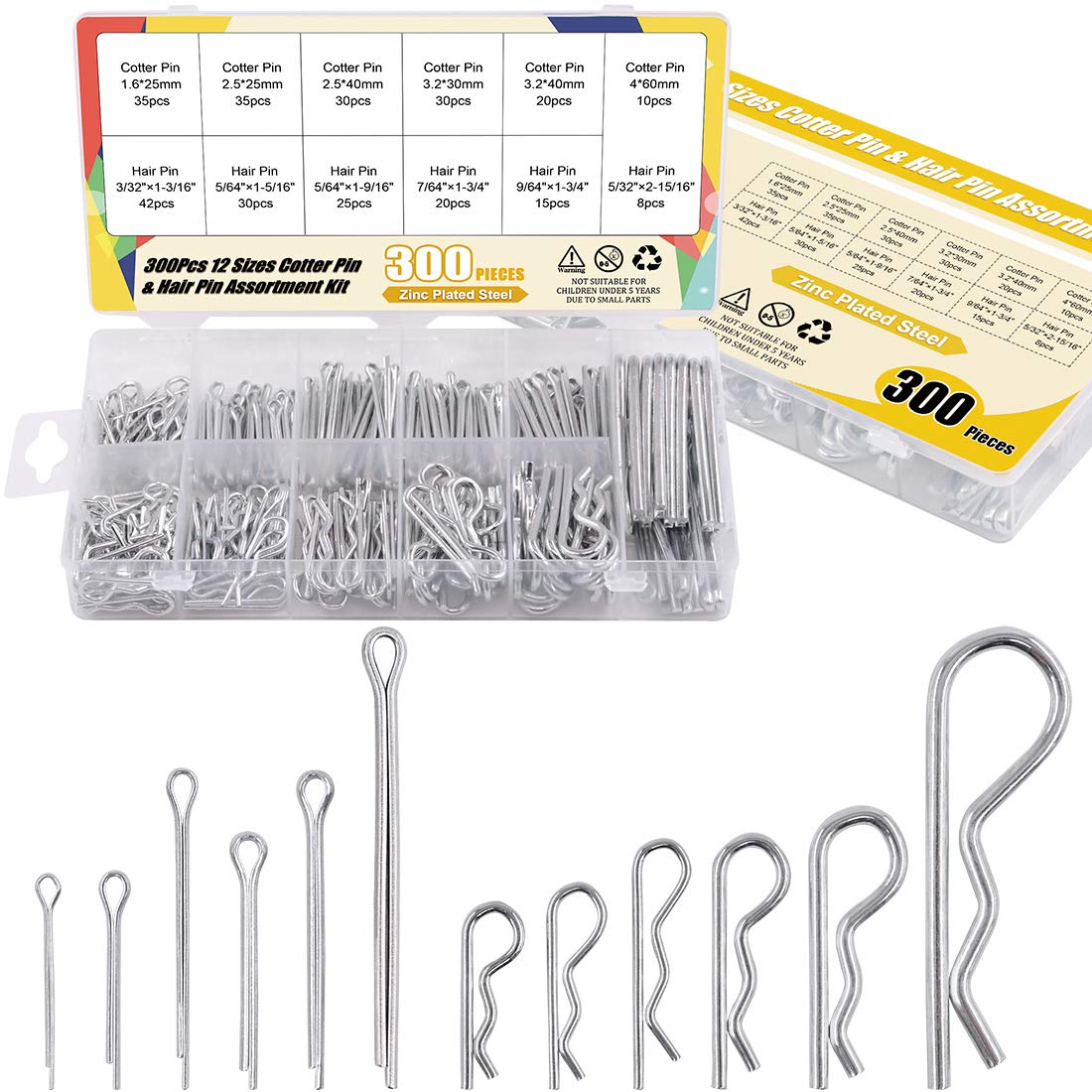 Glarks 300Pcs 12 Size Cotter Pin and Hair Pin Assortment Kit 2 Style Zinc Plated Steel Hitch Pin Hair Pins R Clips Key Fastner Fitting Set for Automotive, Mechanics, Cars, Trucks, Lawn Mower Use