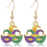 MardiGras Earrings for Women Glitter Enamel Letter Mask Clown Hat Purple Earrings Dangling Delicate Cute Carnival Earring Charm MardiGras Jewelry for Women