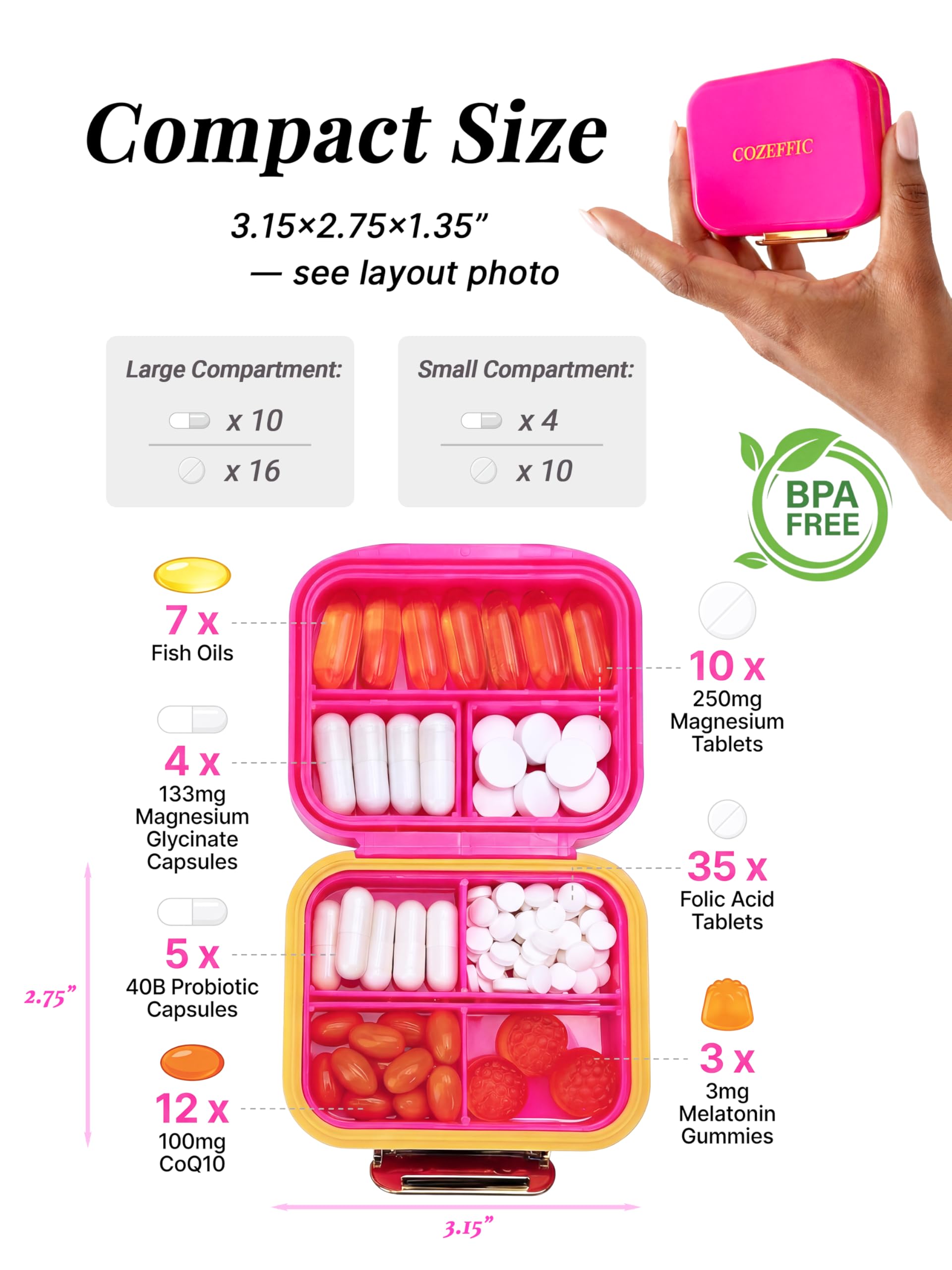Small Pill Case Travel Pill Organizer - Moisture-Proof 7 Compartments Daily Pill Box for Purse, Pocket & Gym Bag, Secure Double Lock Medicine Vitamin Container for Supplements/Fish Oil - Hot Pink