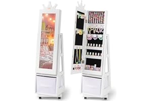 CHARMAID 360° Swivel Kids Jewelry Cabinet, 48" Standing Jewelry Organizer with Full Length Mirror, Storage Drawer, Kids Vanity Dressing Mirror, Jewelry Armoire with Lockable Wheels for Girls (White)