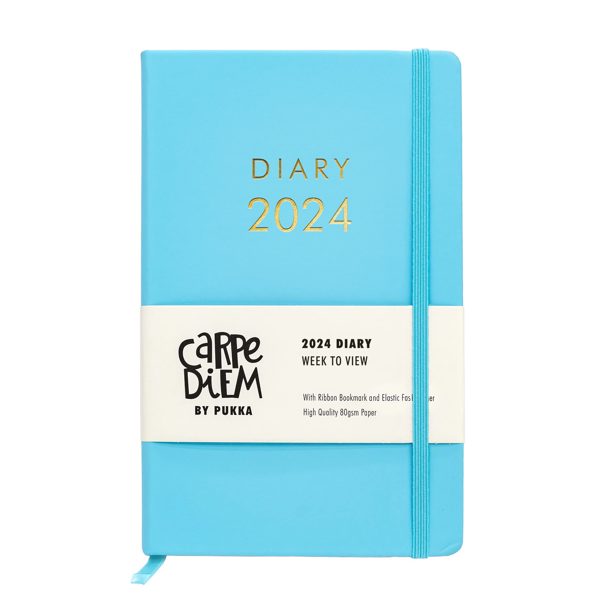 Pukka Pad, Carpe Diem 2024 Soft Cover Diary, 80GSM Paper with Monthly Calendar and Weekly Views, Includes Notes, Goals, To-Do and Wish Lists - Ribbon Bookmark, and Elasticated Closure – Blue