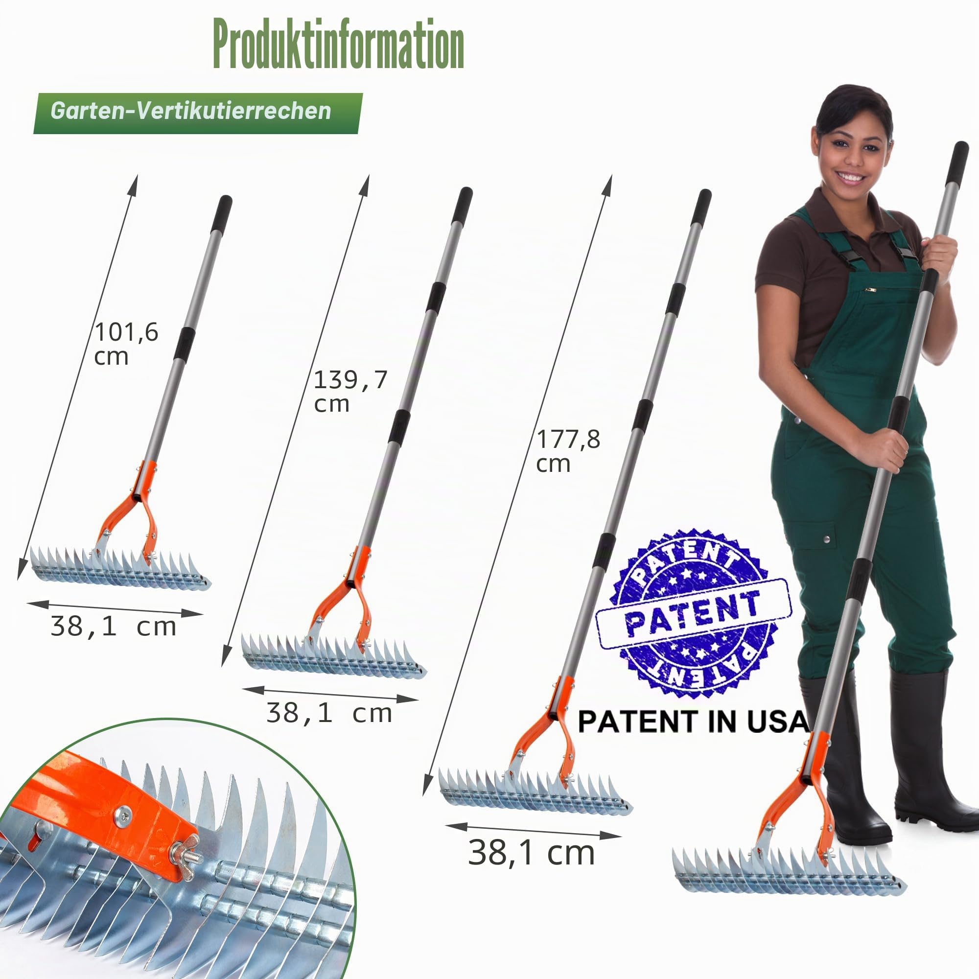 Walensee Vertikutierrechen mit Verstellbarem Stiel, Robuster Rasenrechen aus Stahl zum Entfernen von Moos, Filz, Unkraut & Trockengras, Gartenrechen für Rasenpflege & Lawn Care 2