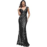 Womens Sequined Long Evening Gown Glamous Sleeveless V-Neck Mermaid Prom Dress for Wedding Party Club Occasions