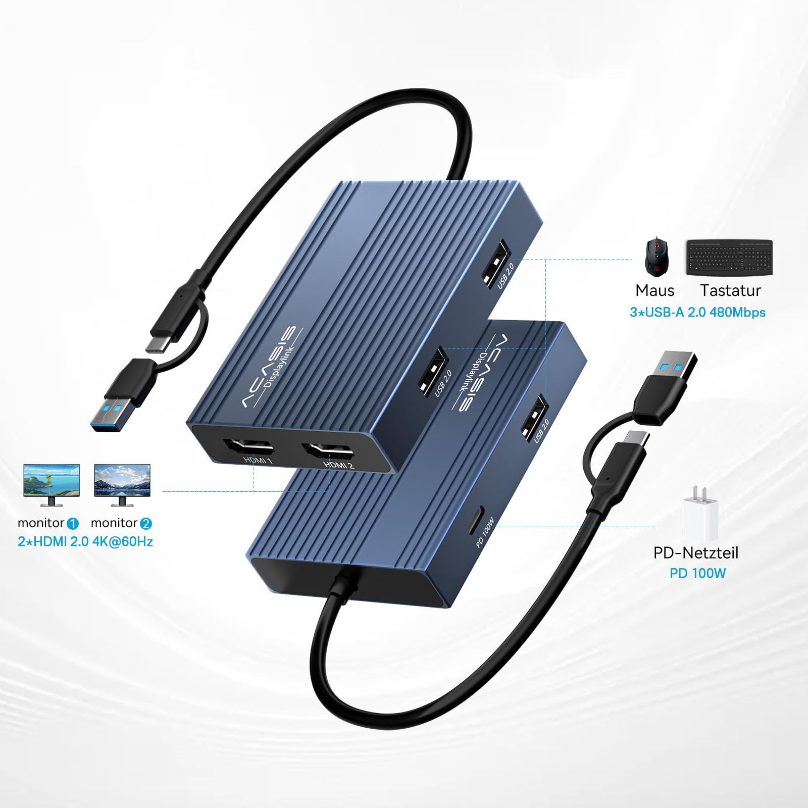 ACASIS USB C auf Dual HDMI DisplayLink Adapter, 4K@60Hz, 2 HDMI, 100W PD Charging, DisplayLink Docking Station für Mac M1/M2/M3/Windows,USB A/C auf Dual Monitor Adapter (Phantom Grey) 2
