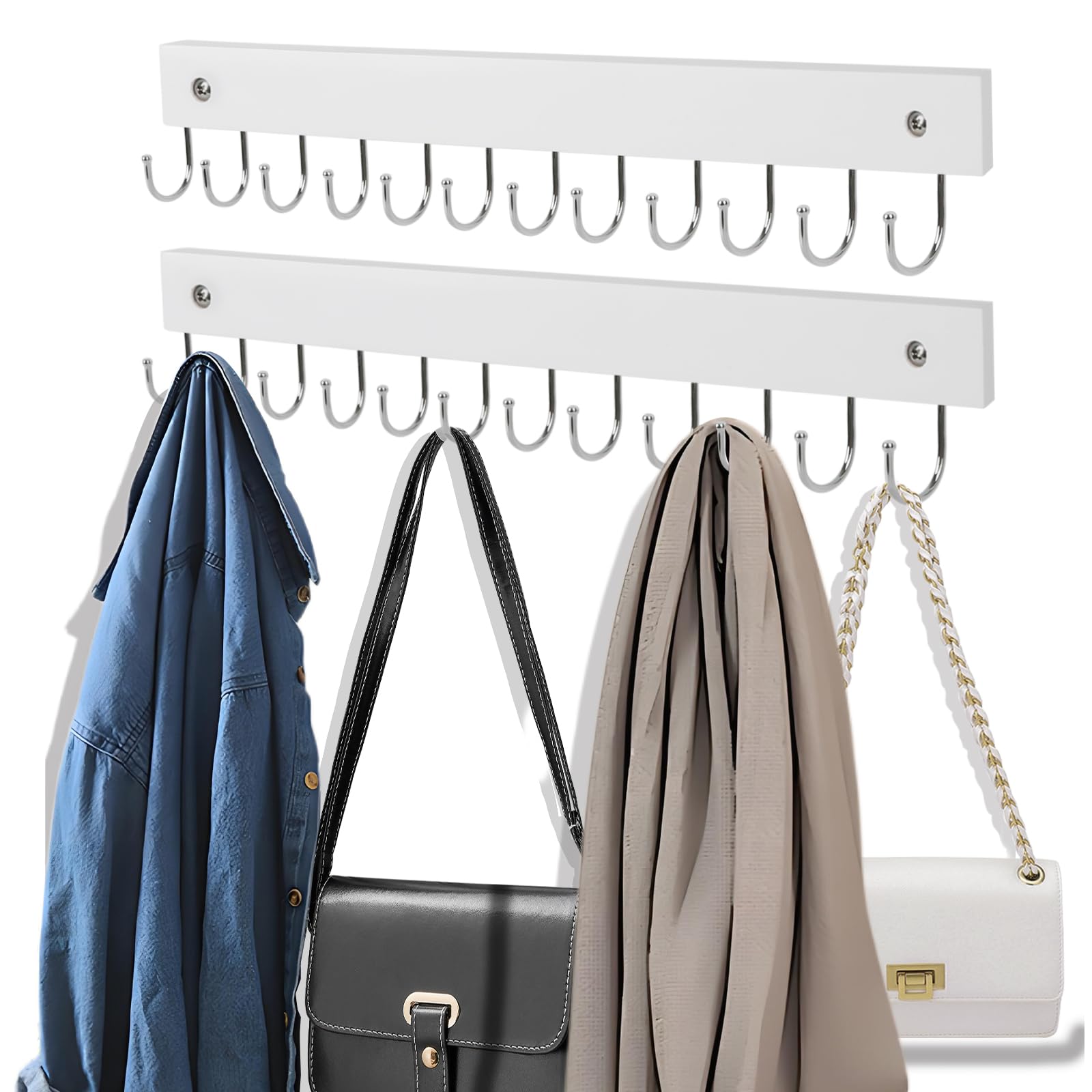 Photo 1 of AnDock 2 Pack Purse Organizer Wall Mount with 24 Rotating 180° Coat Rack, 14.6" Wooden Entryway Purse Holder, Wall Hooks for Hanging Belts, Ties, Keys, Scarf, Bras, Bag, Space Saving Hanger (White)