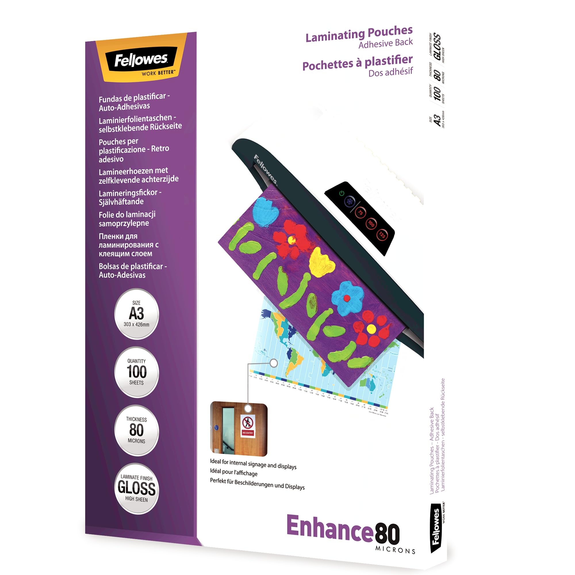 Fellowes A3 Laminating Pouches - Gloss Finish - 100 Sheets, 160 Micron (2x80) Clear & Durable Laminating Pouch with Adhesive Backing - Can be Easily Displayed on Walls or Desktops