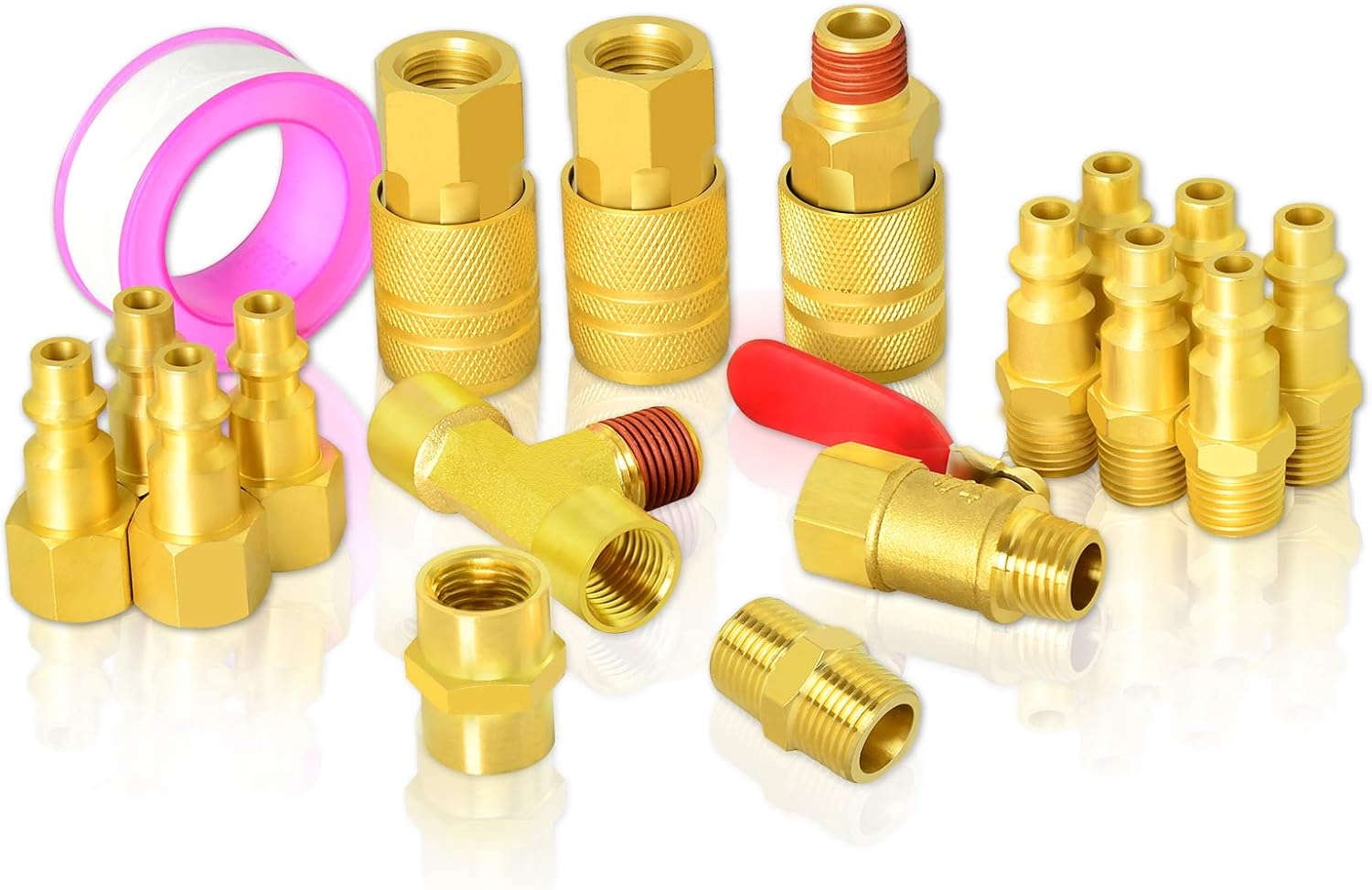 Gasher 19 Pieces Air Coupler and Plug Kit, Solid Brass Quick Connector Set 1/4-Inch NPT Air Hose Fittings, Air Plug, Air Coupler, Ball valve and Tee Pipe Fitting with Storage Case - - 