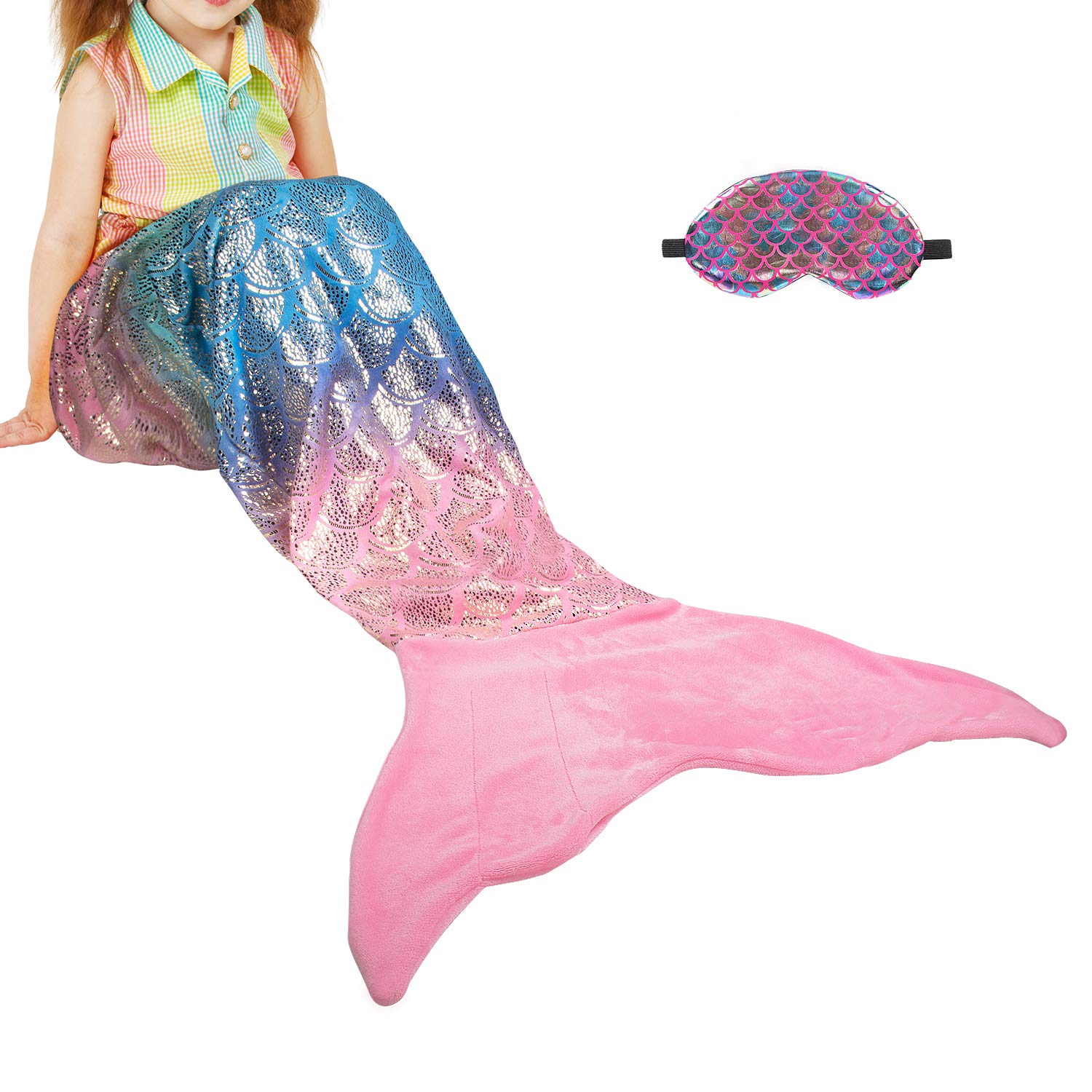 Catalonia Classy Mermaid Tail Blanket, Soft Warm Plush Fleece Sleeping Bag Snuggle Blanket for Teens 155 x 48 cm Rainbow Ombre, Fish Scale Pattern